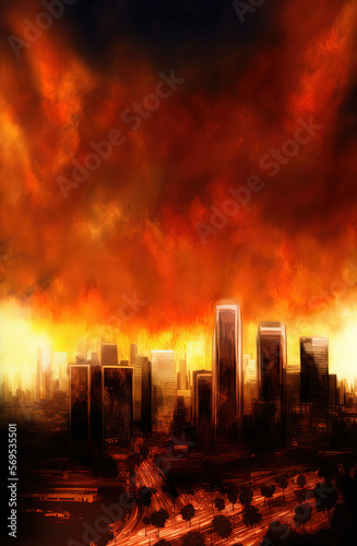 City on fire, disaster. Generative AI.