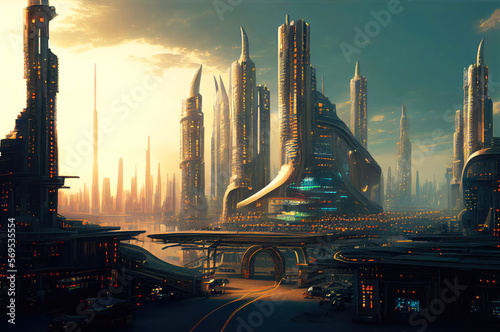 Futuristic City View. Buildings from the future metropolis. Generative AI landscape illustration