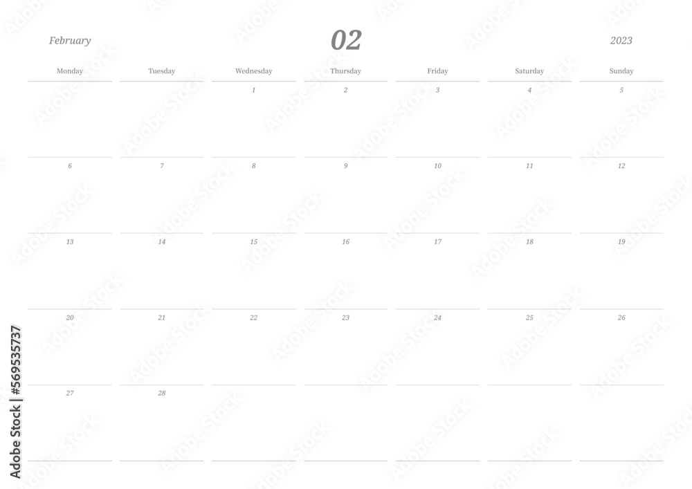 February 2023 simple design digital and printable calendar template illustration. Notes, scheduler, diary, calendar, memo, planner document template background. February 2023 simple design digital and printable calendar template illustration. Notes, scheduler, diary, calendar, memo, planner document template background.