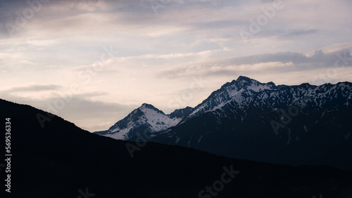 Caucasus mountains at sunset in the evening