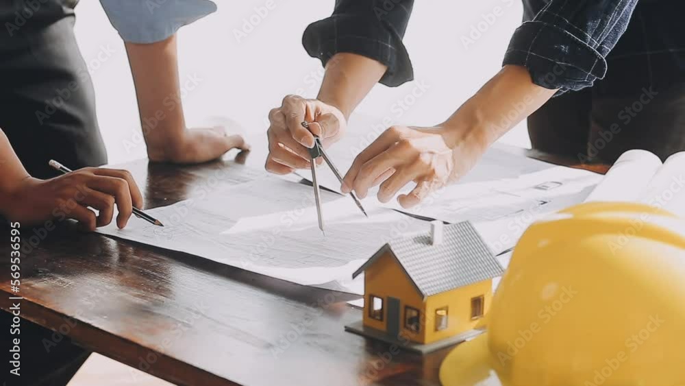 Two business man construction site engineer. Engineering objects on workplace with partners interacting on background Two business man construction site engineer. Engineering objects on workplace with partners interacting on background