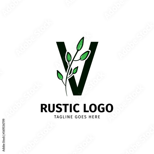 letter V doodle leaf initial rustic vector logo design element