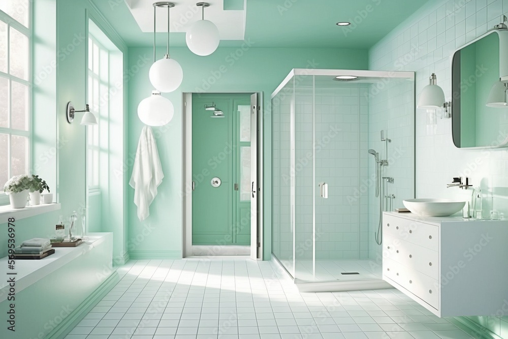 A minimalist bathroom with mint green walls, white tile flooring A minimalist bathroom with mint green walls, white tile flooring