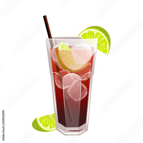 "Cuba libre" cocktail. Classic refreshing alcoholic drink with lime, rum, cola. Vector illustration isolated on white background.