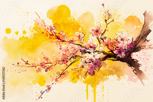 Watercolor illustration of beautiful cherry blossom sakura created with Generative AI technology.