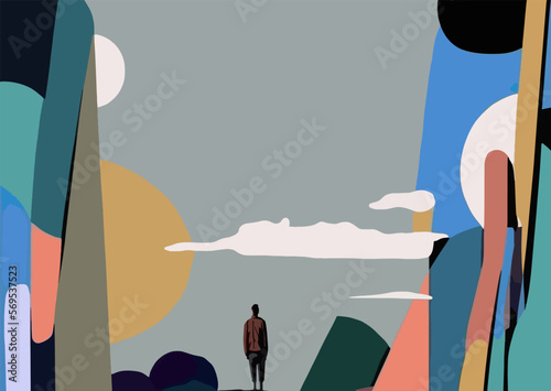 The figure of a solitary man stands in the middle of a vast, enigmatic landscape, surrounded by muted colors and shadows. Vector art abstract, cubist