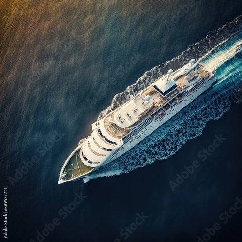 Aerial view of beautiful white cruise ship above luxury cruise in the ocean sea, generative ai