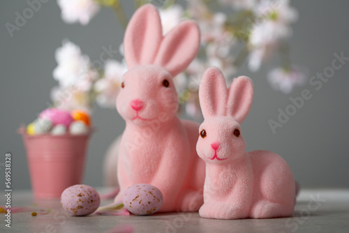 Easter pink bunny still life eggs flowers holiday concept