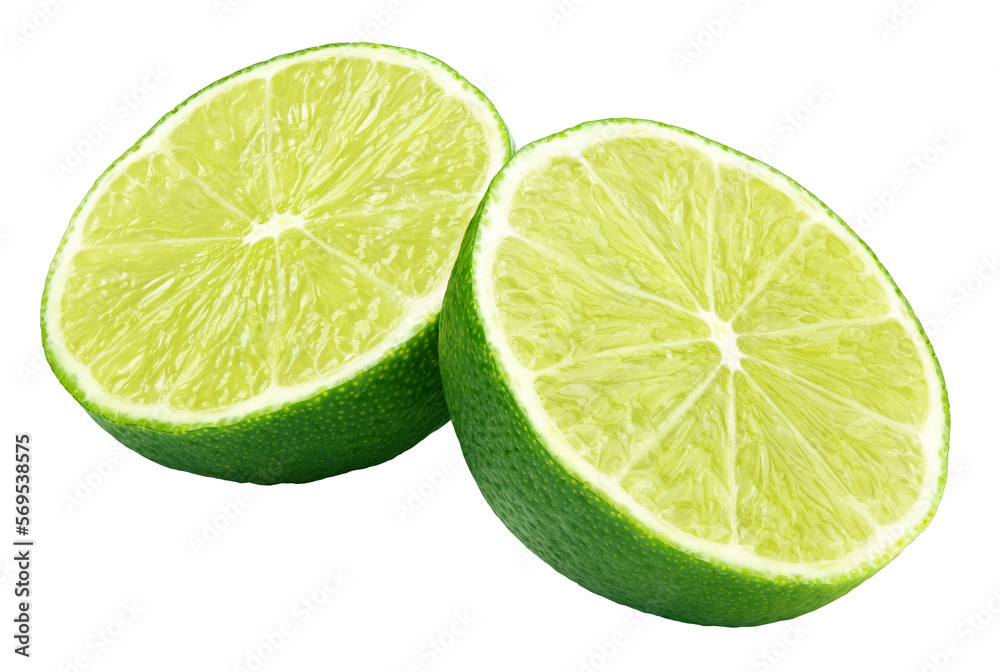 Two halves of green lime citrus fruit isolated on transparent background. Lime halves Two halves of green lime citrus fruit isolated on transparent background. Lime halves