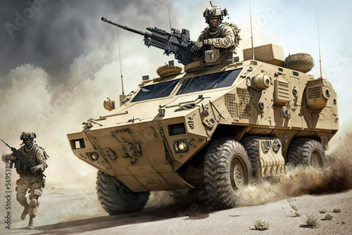 US Army Marines. Patrol with an armored car. Generative AI.