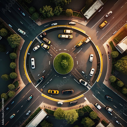Aerial view of car traffic transportation above circle road of Drone aerial view fly  high angel. Public transport generative ai