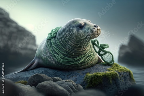 Seal on top of a rock over the sea with a fishing net wrapped around its neck. Image created with generative AI technology.