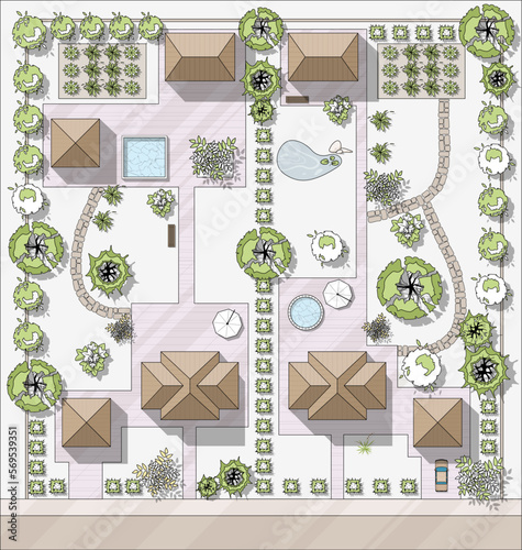 Top view landscape design plan with two houses, courtyard, lawn, garage. Project plan of country with modern cottages of villas with pond, pool. Vector illustration of Cityscape, Map of town, village