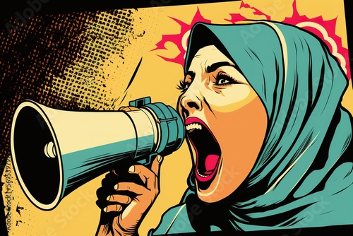 women rights concept illustration of an Arabic women screaming into a bullhorn