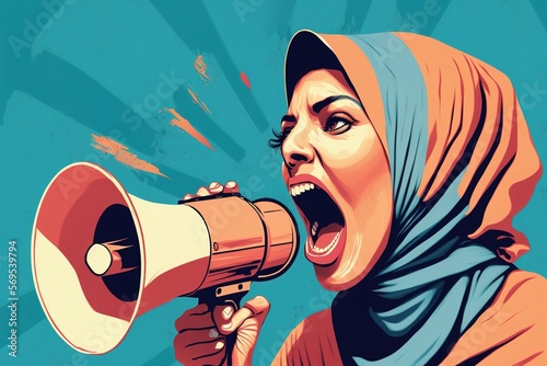 women rights concept illustration of an Arabic women screaming into a bullhorn