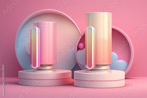Abstract minimal scene with two podiums in the shape of cylinders on a pink background and rainbow crystal light sparkles. Pedestal for mock up displays of cosmetic products and their packaging