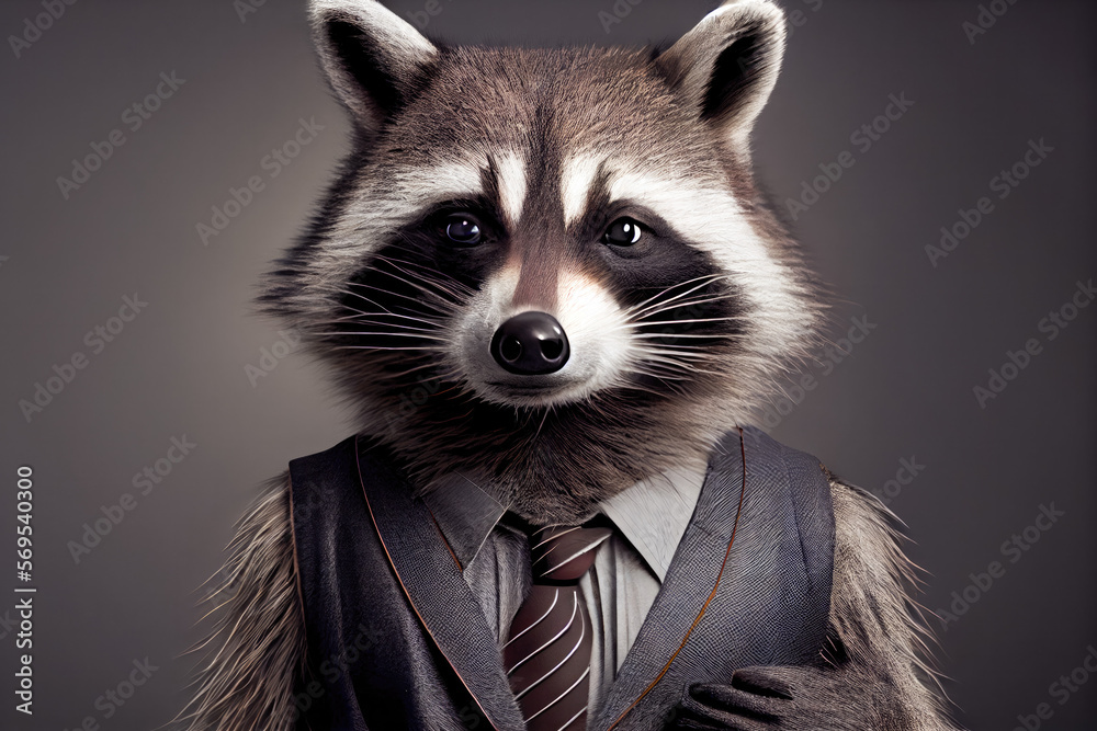 Portrait of a raccoon dressed in a business suit in a studio photo. Generative AI. Portrait of a raccoon dressed in a business suit in a studio photo. Generative AI.