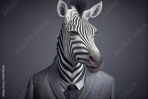 Portrait of a zebra dressed in a business suit in a studio photo. Generative AI. 