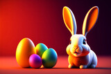 Cute easter bunny with colorful chocolate eggs. Generative AI.