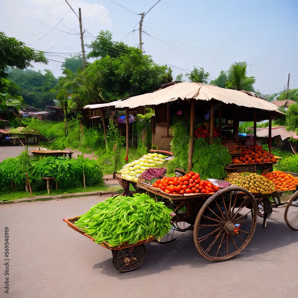 Best Fresh Vegetable Cart on Village Street with Different Items Illustration Background AI