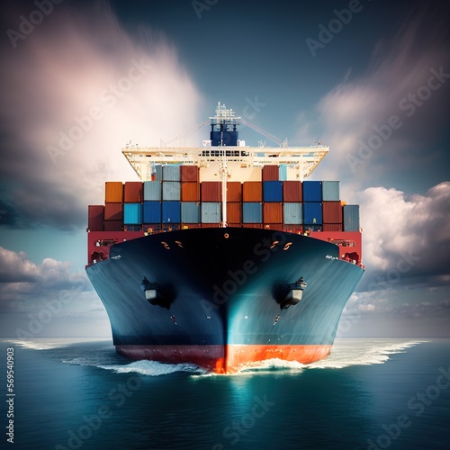 Container ship sailing through the ocean, Global business logistics and transportation international container ship in the ocean freight transportation, Aerial view container cargo freight ship, gener