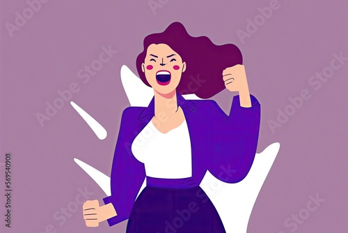 Woman cartoon character with purple clothes  smiling and with arm straight and raised. Generative AI