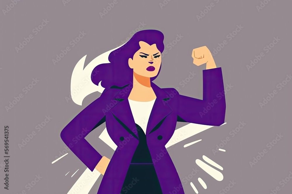 Woman cartoon character with purple clothes, smiling and with arm straight and raised. Generative AI Woman cartoon character with purple clothes, smiling and with arm straight and raised. Generative AI