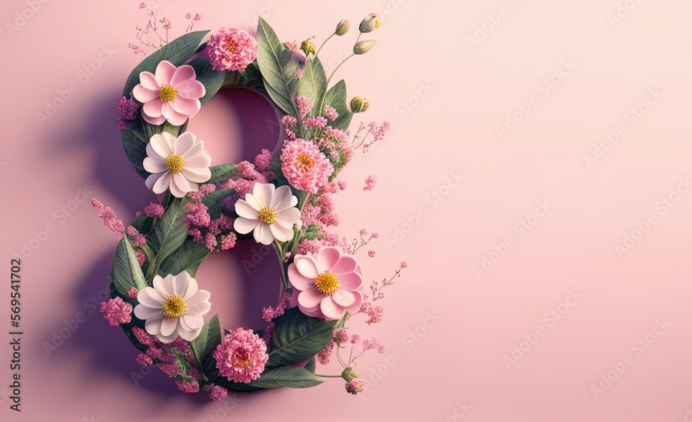 custom made wallpaper toronto digital8 March. International Women's Day. Floral number 8, pink background.