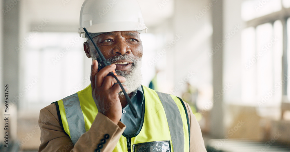 Senior engineer, walkie talkie and black man at construction site talking, speaking or working. Communication, radio tech and elderly architect from Nigeria in discussion or chat on building project Senior engineer, walkie talkie and black man at construction site talking, speaking or working. Communication, radio tech and elderly architect from Nigeria in discussion or chat on building project