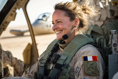 Obraz na płótnie femme pilote de chasse de l'armée Française, dans son cockpit - illustration ia
