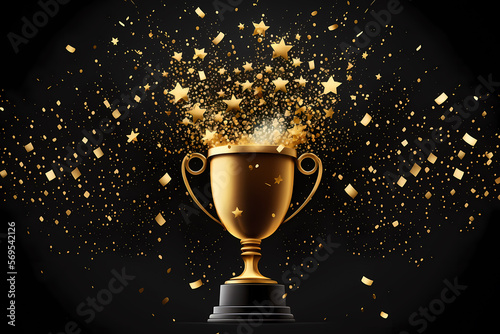 Cup prize gold trophy and stars confetti dark background, Generation AI