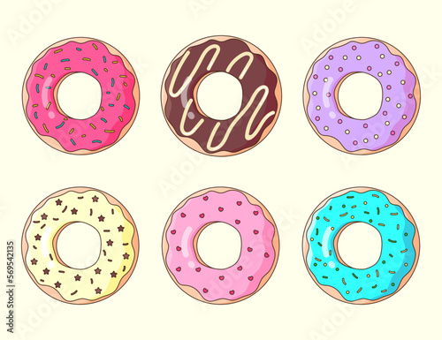 Delicious set of donuts with colored glaze and sprinkles. Dessert vector illustration design