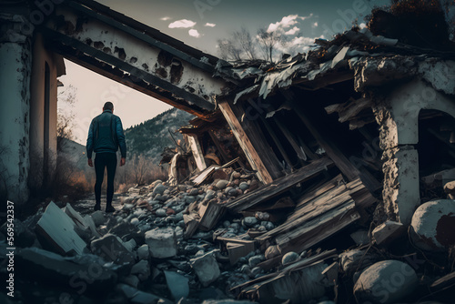 Concept Earthquake, alone man clears rubble of house after natural disaster. Generation AI