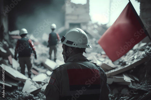 Concept Earthquake, Rescue service man in helmet clears rubble of house after natural disaster. Generation AI