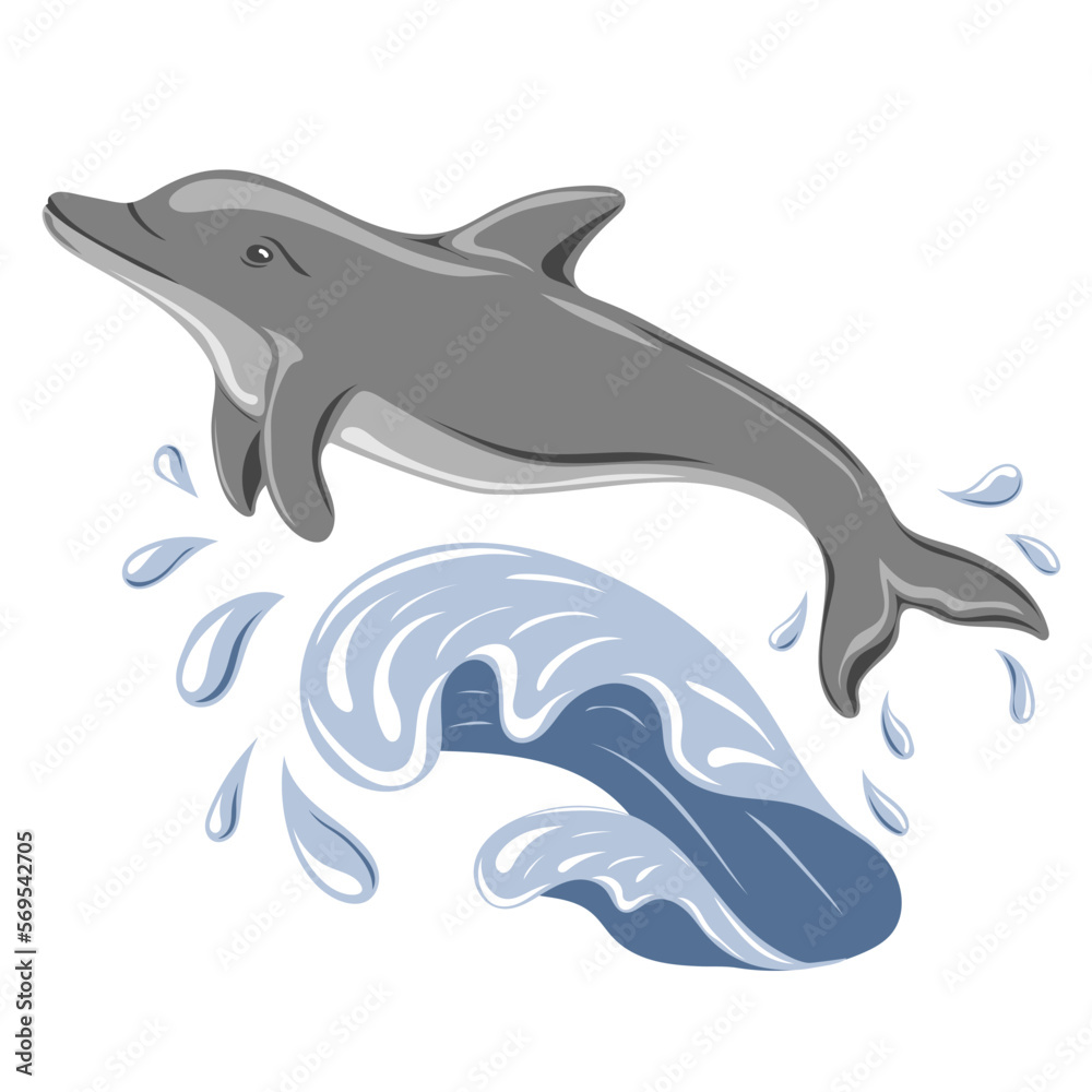 Fototapeta premium Dolphin jumping in water. Marine dweller. Concept of sea and ocean life. Vector illustration