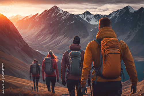 Group tourists of hiker sporty people walks in mountains at sunset with backpacks. Concept adventure with copy space. Generation AI.