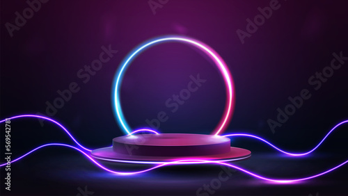 Podium floating in the air with line gradient neon ring on background and neon wave line lasers around
