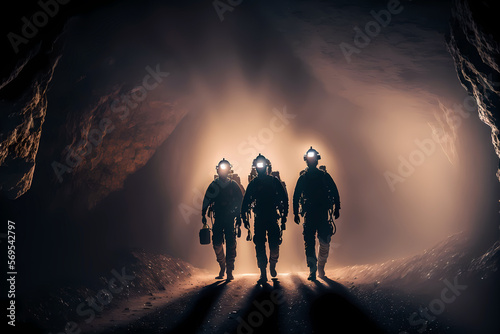 Silhouette of miners with headlamps entering underground coal mine, Industry worker. Generation AI