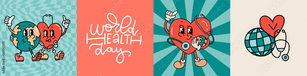 Obraz premium World Health Day greeting cards ot banner templates set. Retro cartoom style heart and Planet characters with doctor stethoscope and lettering . EPS 10 vector concept design