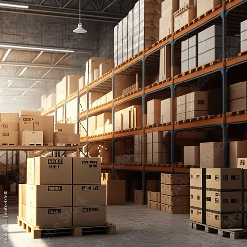 large clean warehouse with shelves, cardboard boxes and products, generative ai