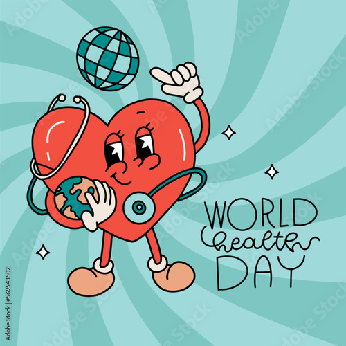 retro cartoon heart character holding Globe and stethoscope .World Health Day greeting card. World Health Day idea campaign concept. Contour flat vector illustration