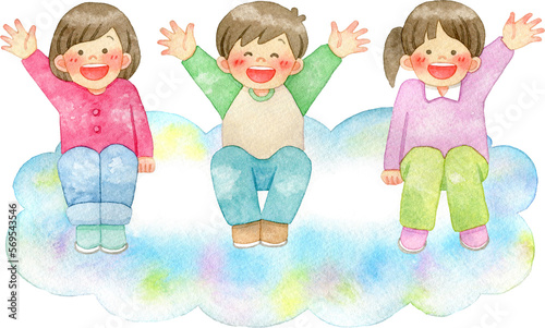 雲の上に座って手を振る笑顔の子供たちのイラスト