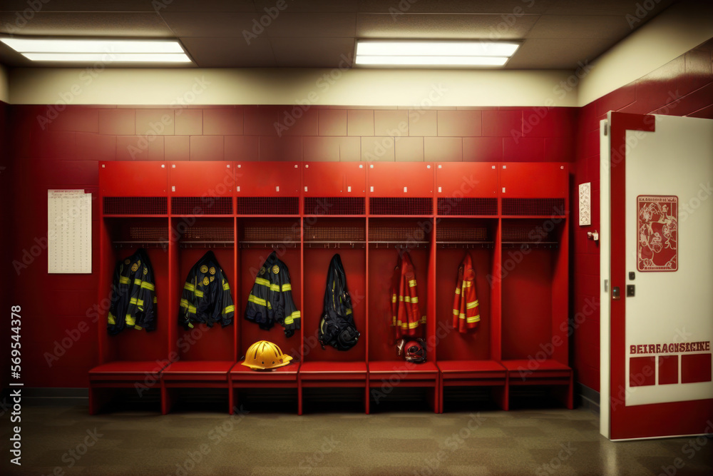 firefighter locker room with uniforms and helmets. generative ai Stock