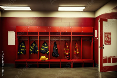 firefighter locker room with uniforms and helmets. generative ai