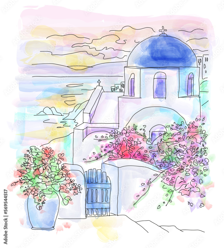 Santorini island, Greece. Traditional and famous white houses and churches with blue domes. watercolor illustration for social media, poster, magazine