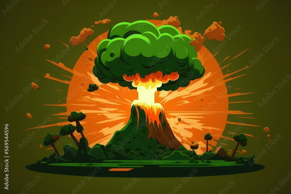A realistic fire blast explosion and orange mushroom cloud surround the ...