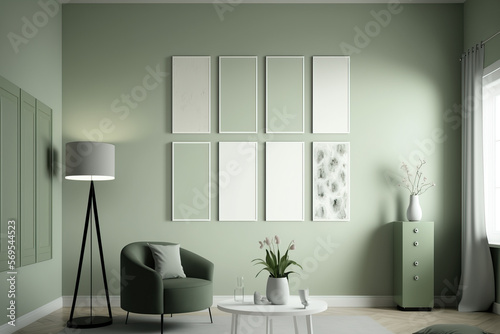 Light Sage Green Wall with Six Vertical Paintings - Mockup