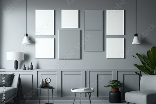 Light Gray Wall with Six Vertical Paintings - Mockup