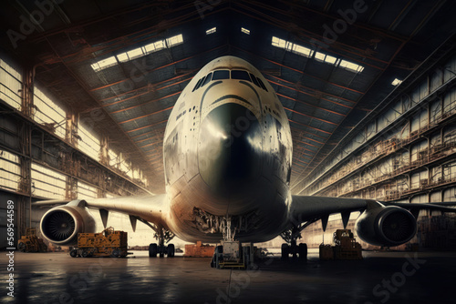 big airplane in hangar for maintenance. generative ai