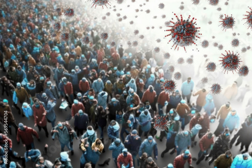 coronavirus spreading on air on crowd of people. virus infection and pandemic concept. generative ai